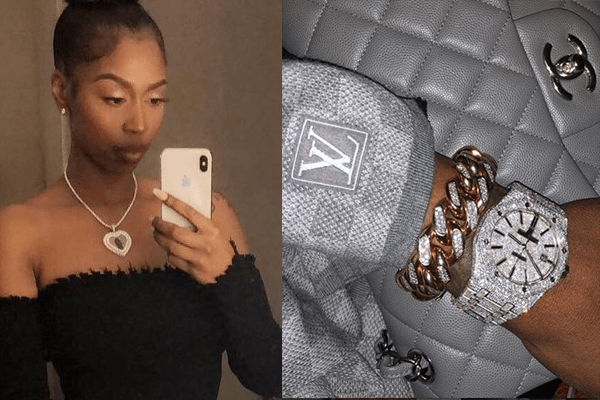 Kash Doll showcasing engraved Diamond watch and Gold Bracelet added Diamond and iPhone