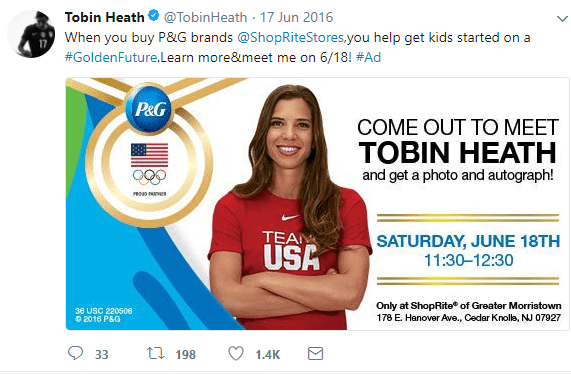 Tobin Heath representing P&G