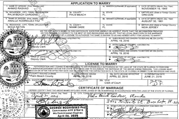 Ahmad Rashad's marriage certificate