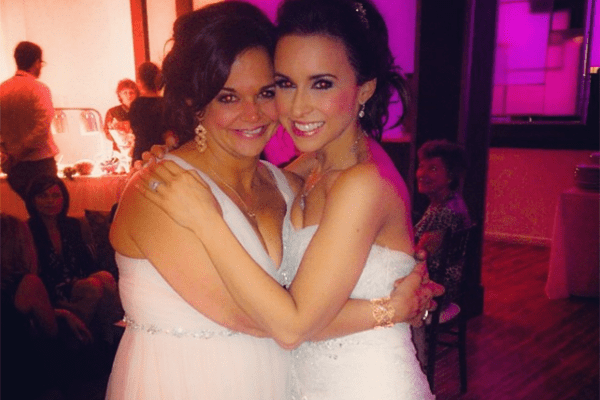 Lacey in bridal gown with the Maid of Honour 