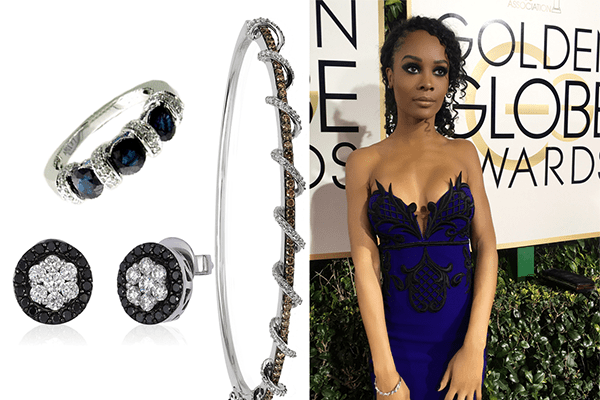 A picture of Zuri Hall alongside the images of the "Le Vian " Jewelry she wore at the 74th Gloden Globe Awards
