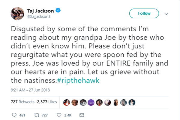 Joe Jackson's Grandson Taj Jackson's tweet on Grradfather's death