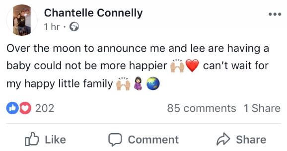 Chantelle Connelly's pregnancy announcement on social media. 