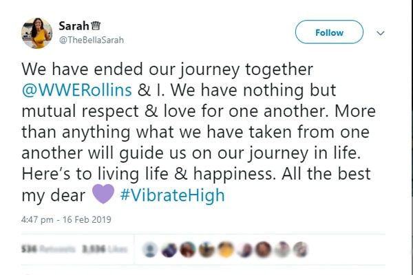 Seth Rollins 's gf Sarah Alesandreli's tweet 