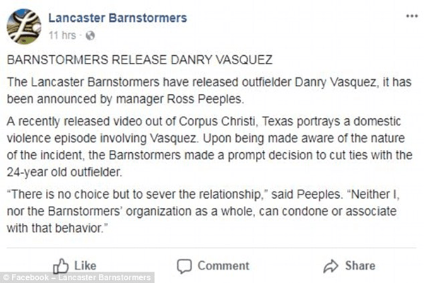 Danry Vasquez released from Lancaster Branstormers