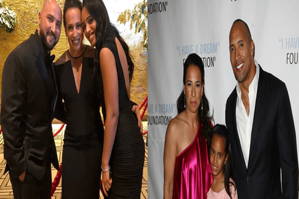 A side by side picture of Dany Garcia with her present husband Dave Rienzi alongside her daughter Simone & Dany Garcia with her ex-husband Dwayne Johnson with their daughter Simone
