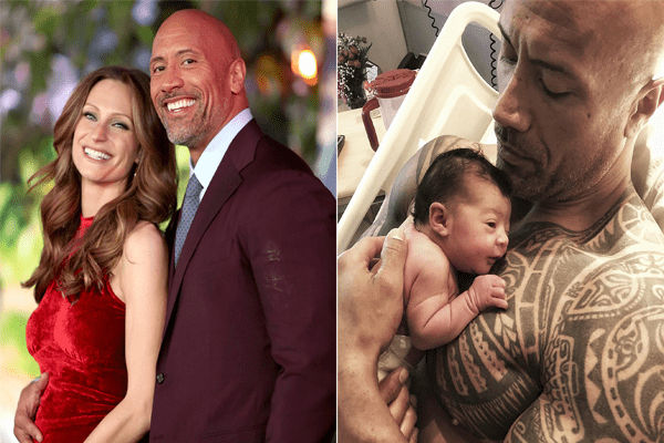 A side by side picture of Dwayne Johnson with his wife & daughter