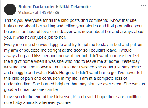 Nikki Delamotte's boyfriednDelamotte's boyfriend Robert Darkmatter facebook post